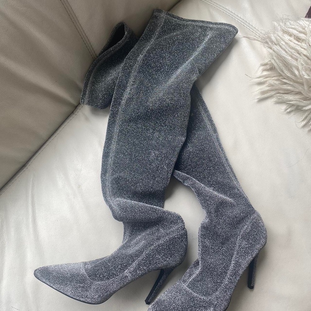 Over the knee silver sparkle heels